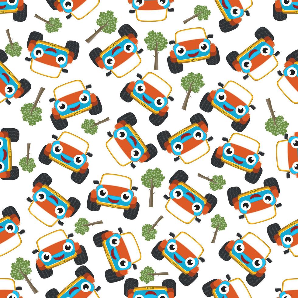 Seamless pattern vector of cute little off road car. Creative vector childish background for fabric textile, nursery background, baby clothes, poster, wrapping paper and other decoration.