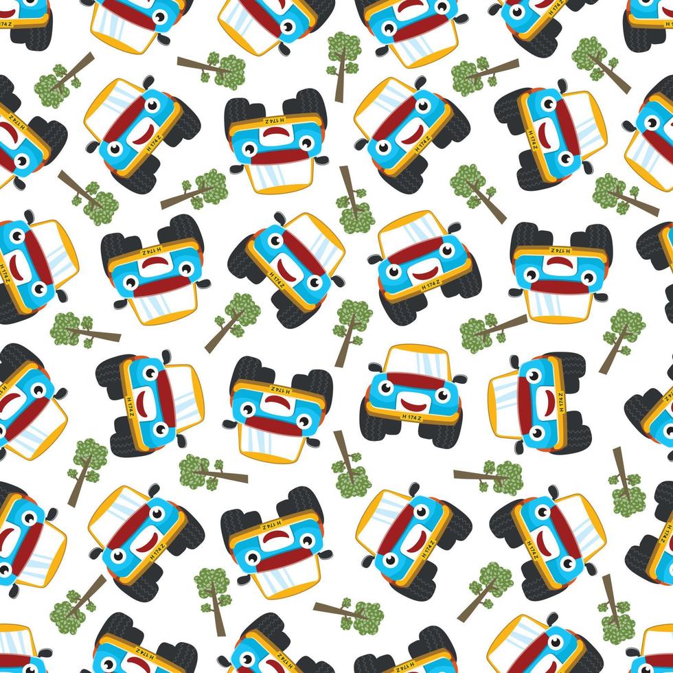 Seamless pattern vector of cute little off road car. Creative vector childish background for fabric textile, nursery background, baby clothes, poster, wrapping paper and other decoration.