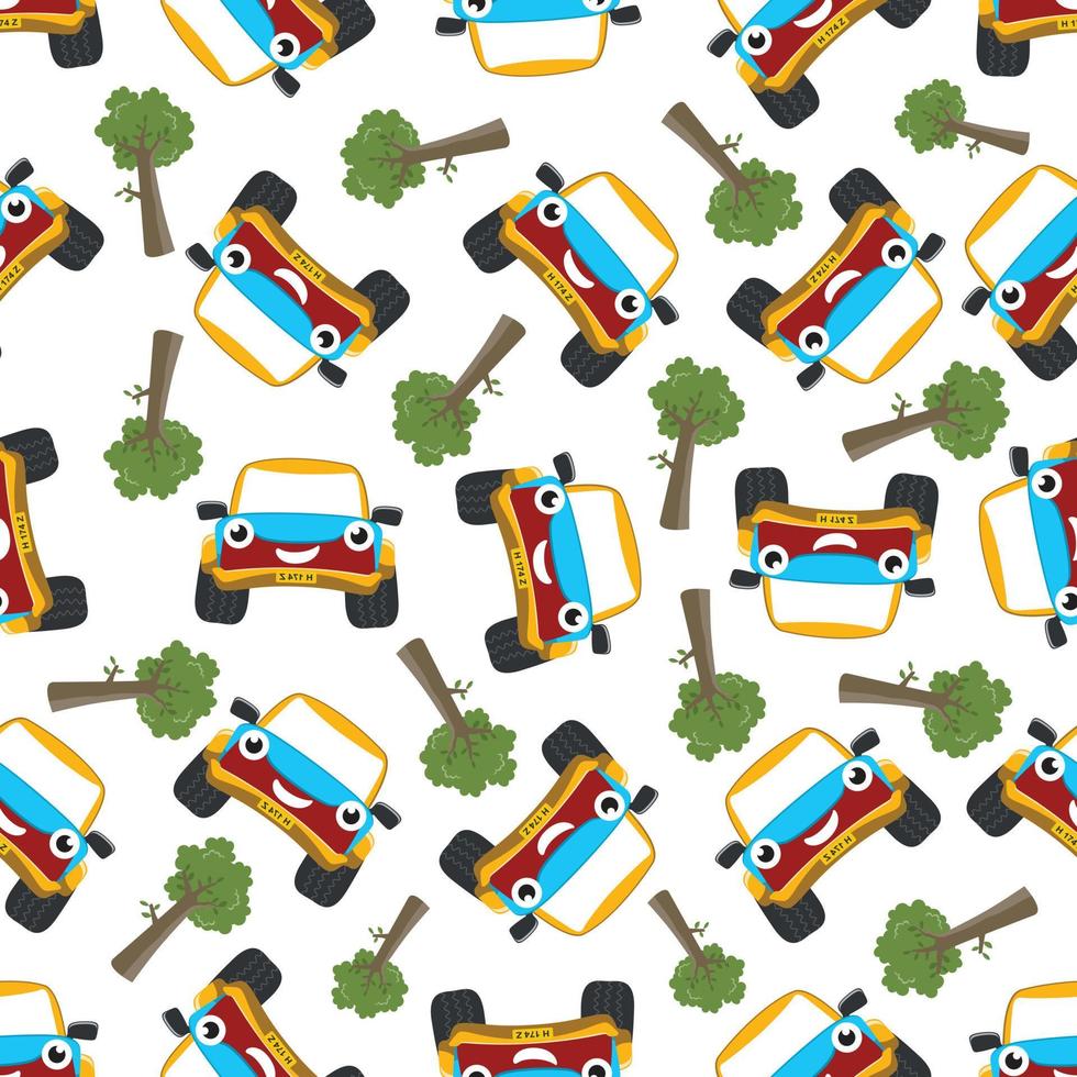 Seamless pattern vector of cute little off road car. Creative vector childish background for fabric textile, nursery background, baby clothes, poster, wrapping paper and other decoration.