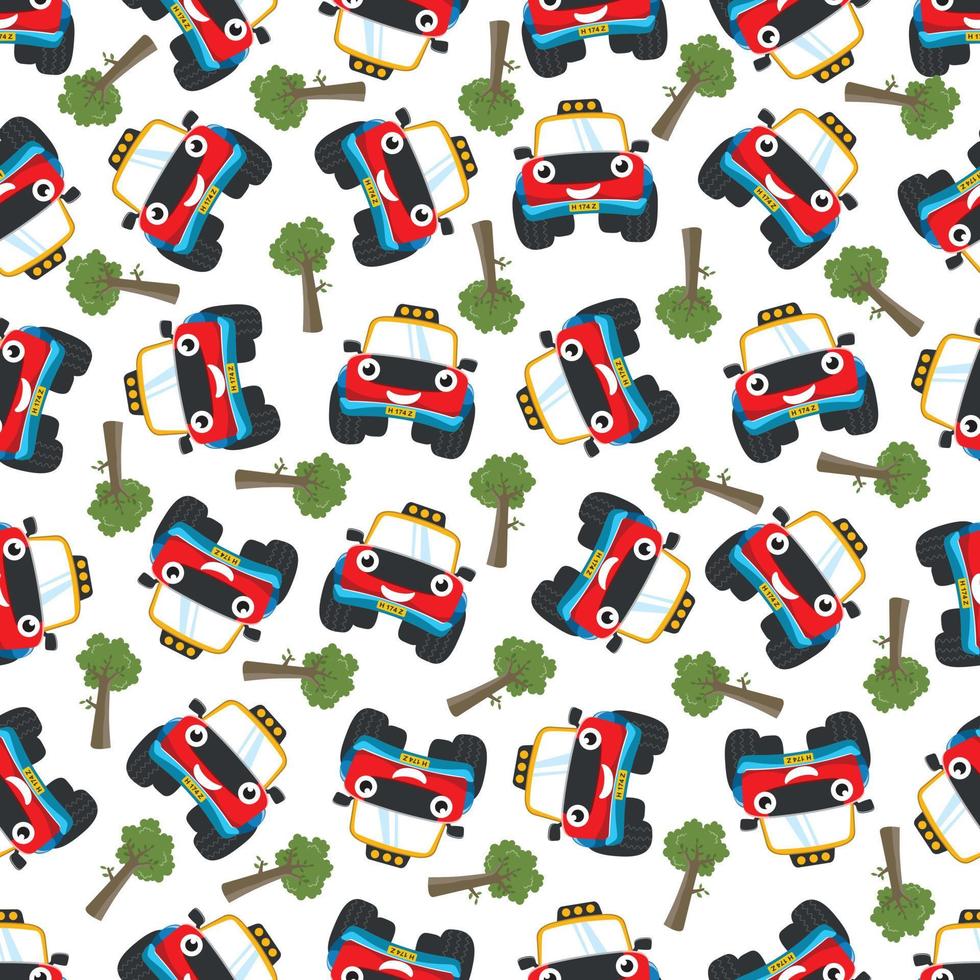 Seamless pattern vector of cute little off road car. Creative vector childish background for fabric textile, nursery background, baby clothes, poster, wrapping paper and other decoration.