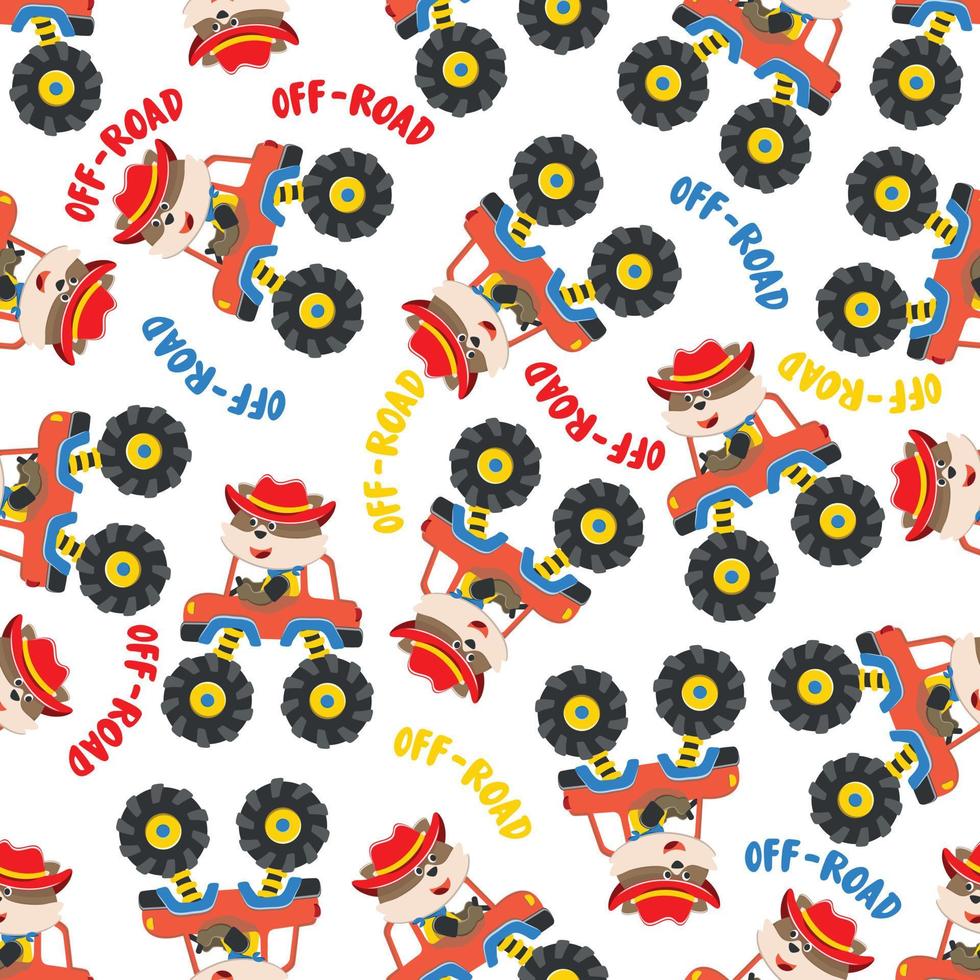 Seamless pattern vector of monster truck with animal driver. Creative vector childish background for fabric textile, nursery background, baby clothes, poster, wrapping paper and other decoration.