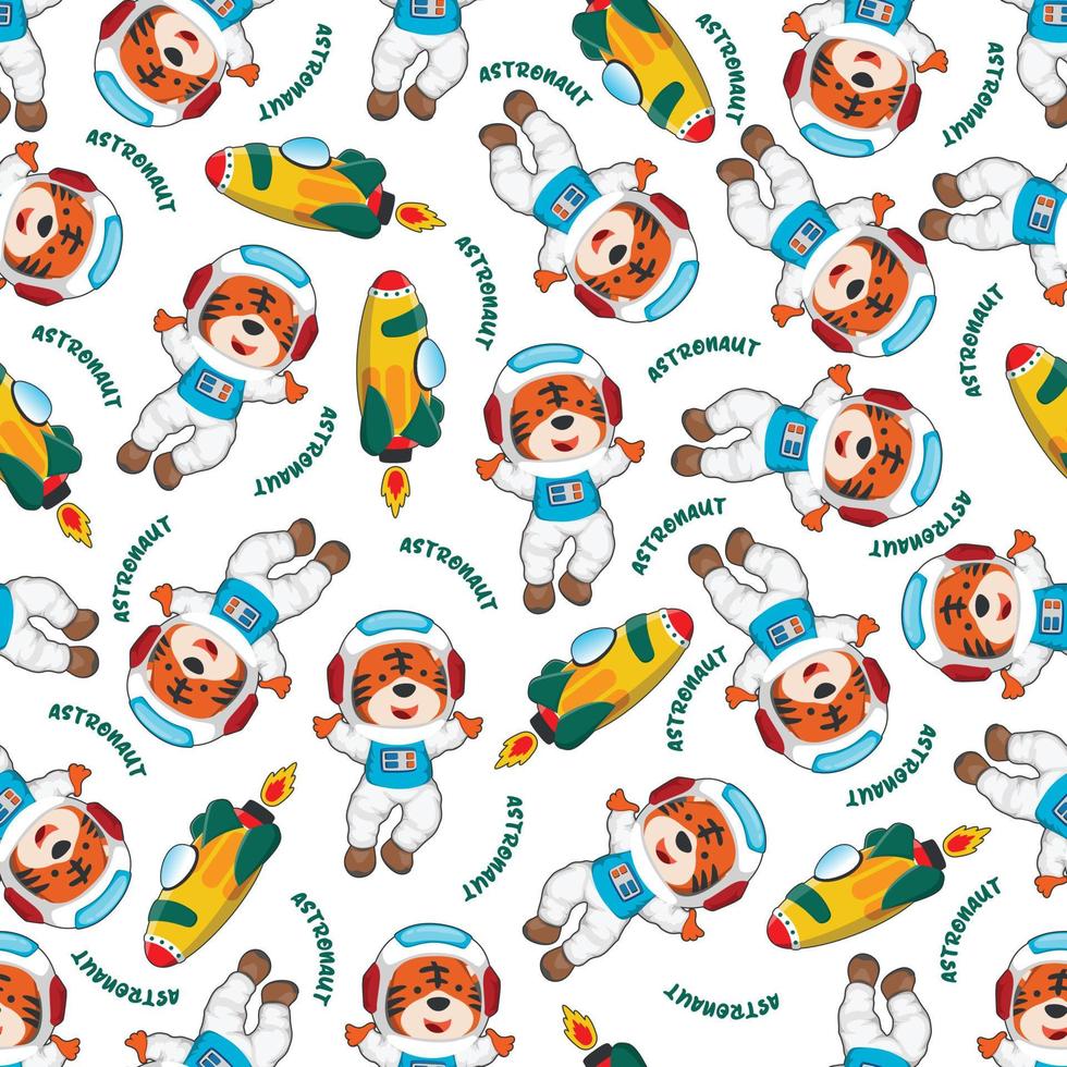 Childish seamless pattern with cute animal astronaut on space. Can be used for t-shirt print, Creative vector childish background for fabric textile, nursery wallpaper and other decoration.