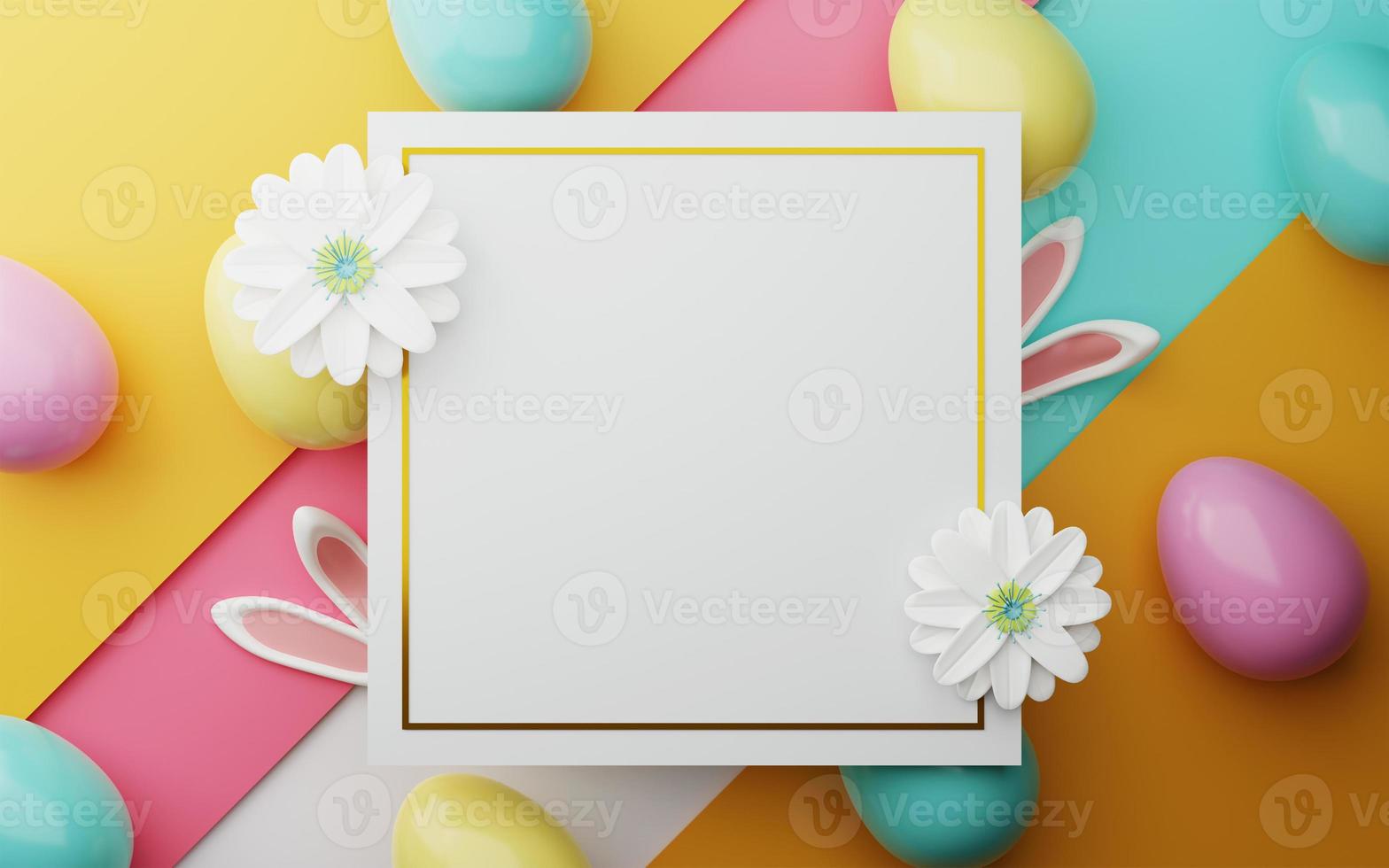 Easter colorful decorated Color Painted Egg, Spring Flower and Rabbit Ears on Colorful Background. Minimal easter concept. Happy Easter card with copy space for text. 3d rendering. photo