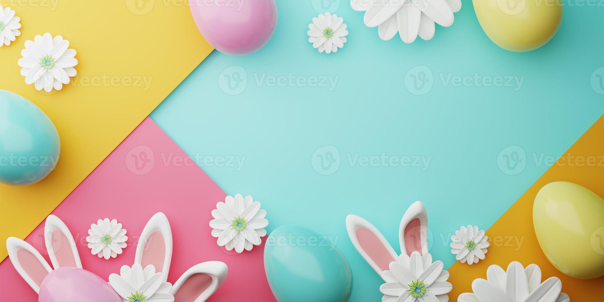Easter colorful decorated Color Painted Egg, Spring Flower and Rabbit Ears on Colorful Background. Minimal easter concept. Happy Easter card with copy space for text. 3d rendering. photo