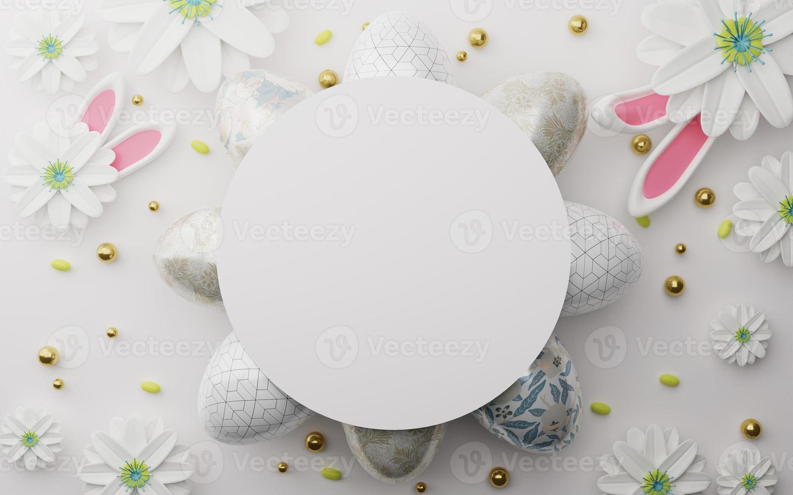 Easter colorful decorated eggs on white background. Luxury easter concept. Happy Easter card with copy space for text. 3d rendering. photo