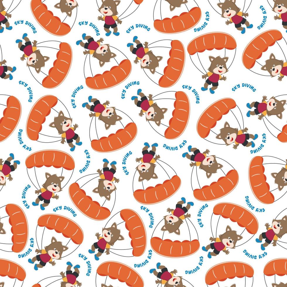 Seamless vector pattern of a cute fox flying with a parachute. Design concept for kids textile print, nursery wallpaper, wrapping paper. Cute funny background.
