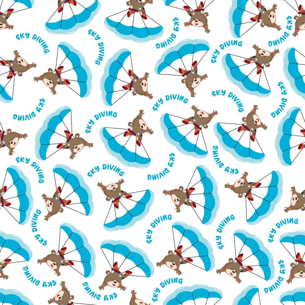 Seamless vector pattern of a cute fox flying with a parachute. Design concept for kids textile print, nursery wallpaper, wrapping paper. Cute funny background.