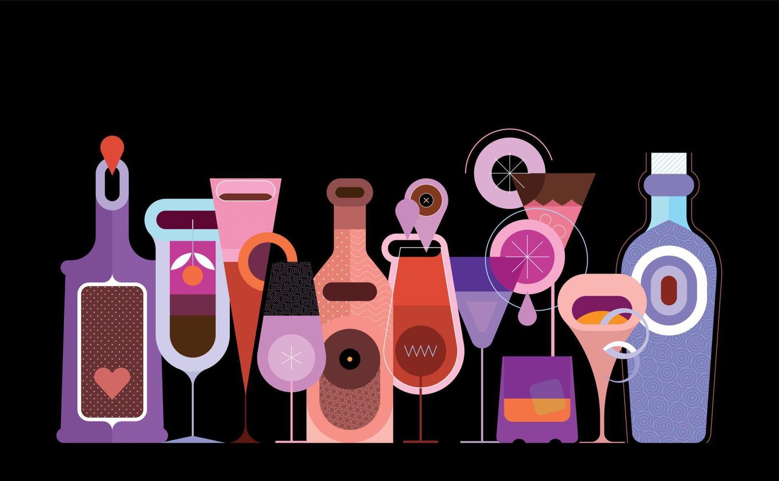 bottles and glasses on a black vector