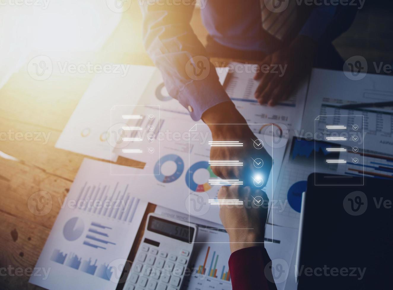 Document management system DMS. Assessment form, questionnaire, checklist and clipboard task management. Businessman working on laptop computer productivity checklist and filling survey form online. photo