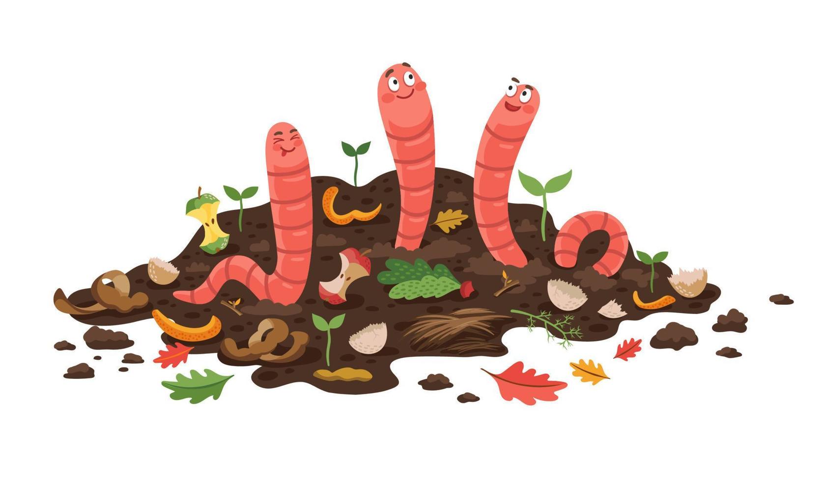 Cartoon compost worms, isolated vector earthworms