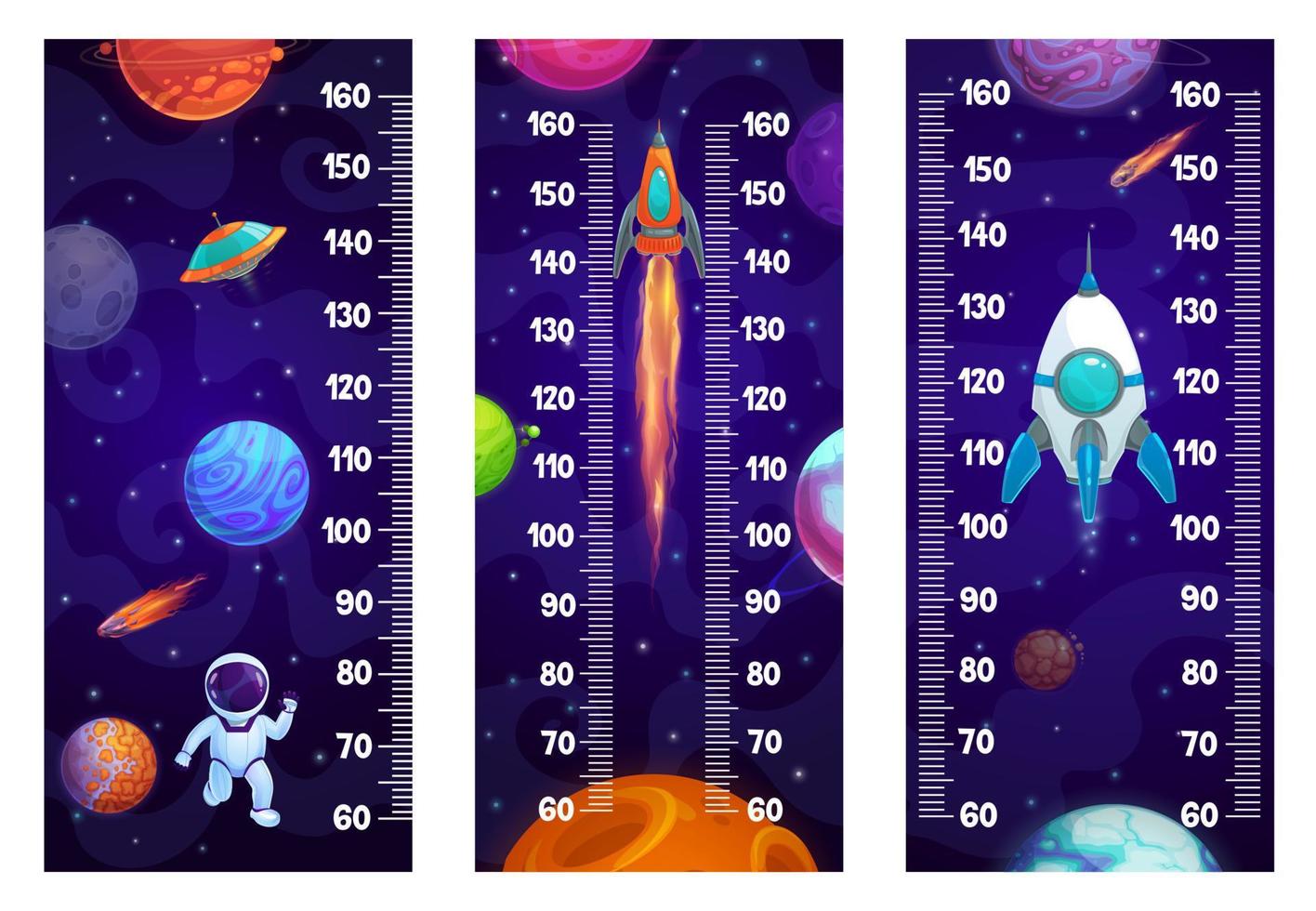 Kids height chart ruler, space planets, astronaut vector