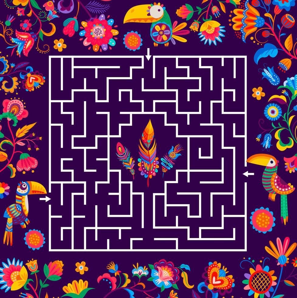 Labyrinth maze game, help toucan to find feather vector