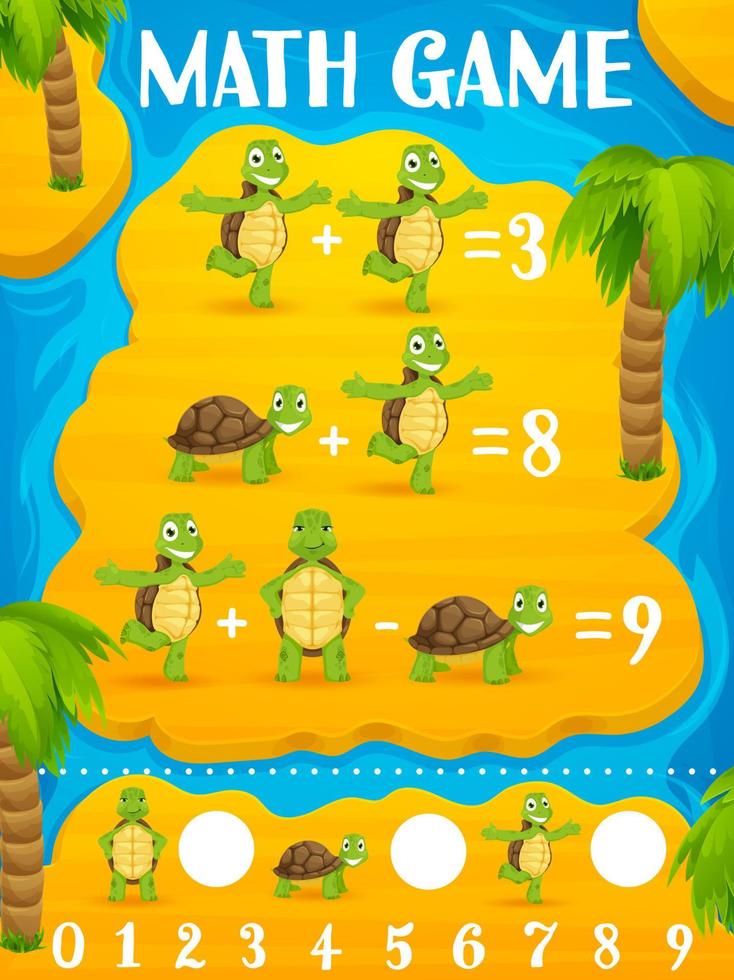 Math game worksheet cartoon turtles on island vector