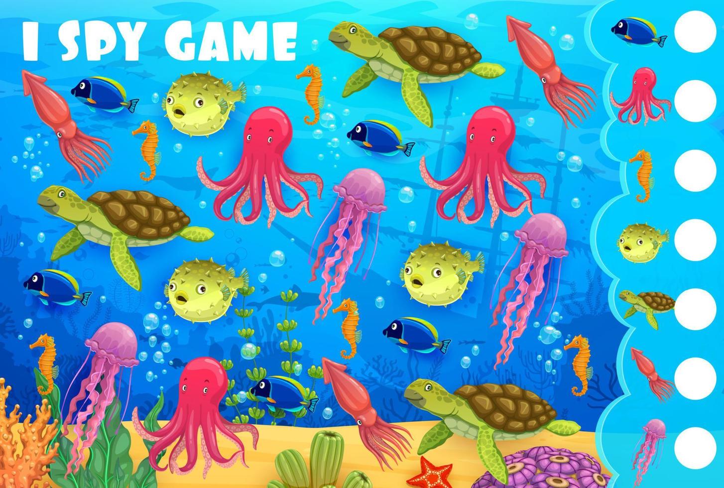 Cartoon underwater landscape, animals i spy game vector