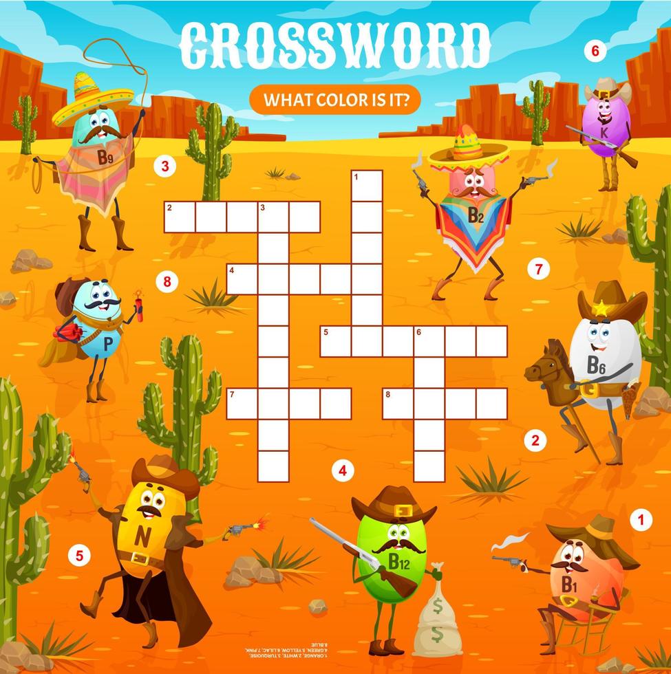 Western crossword grid quiz game, cartoon vitamin vector