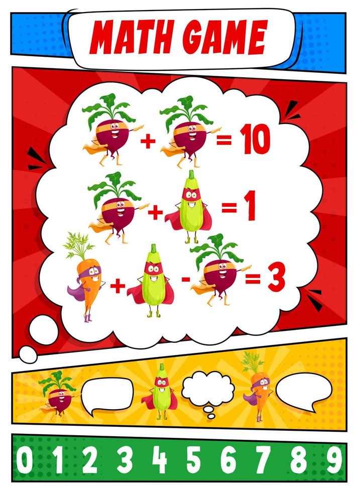 Math game worksheet cartoon vegetable superhero vector