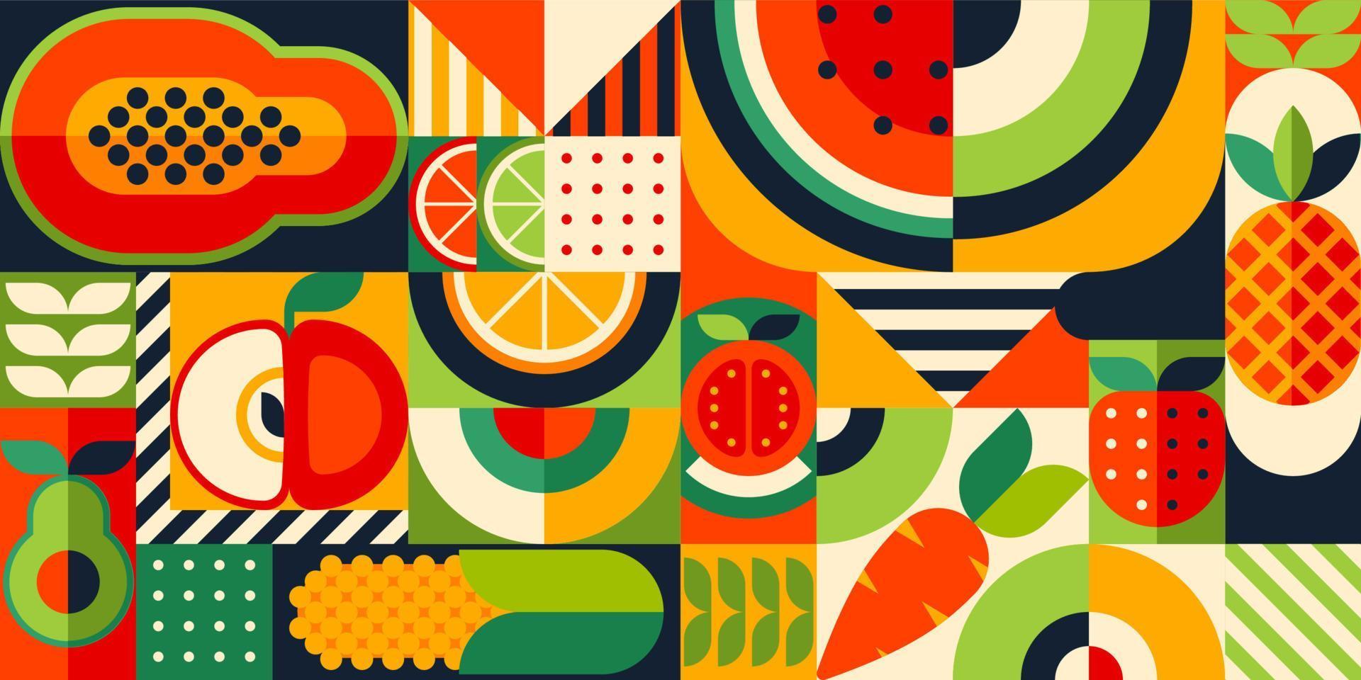 Bauhaus pattern with tropical fruits background vector