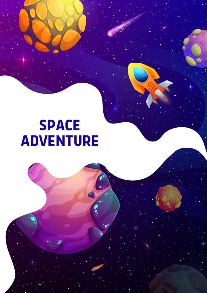 Space landing page, cartoon spaceship in galaxy vector