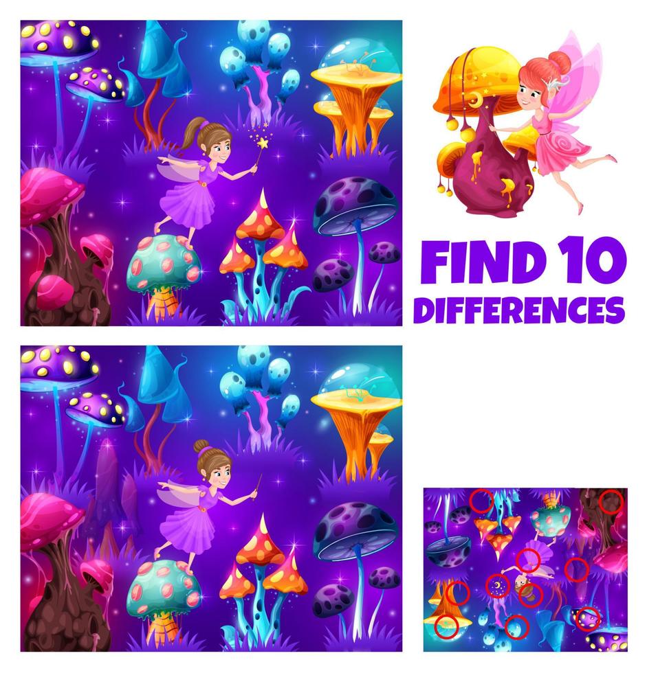 Kids game fairy and magic forest with mushrooms vector