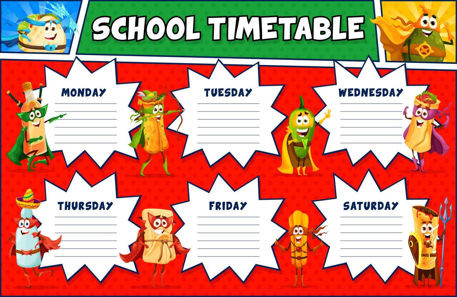 Timetable schedule superhero cartoon tex mex food vector