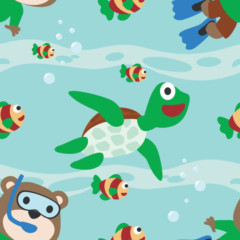 Seamless pattern texture with little monkey and bear are swim in  underwater. For fabric textile, nursery, baby clothes, background, textile, wrapping paper and other decoration. vector