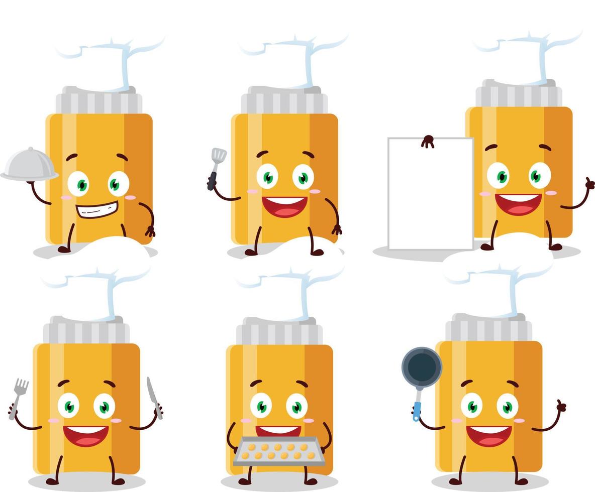 dibujos animados personaje de mayonesa botella con varios cocinero emoticones vector