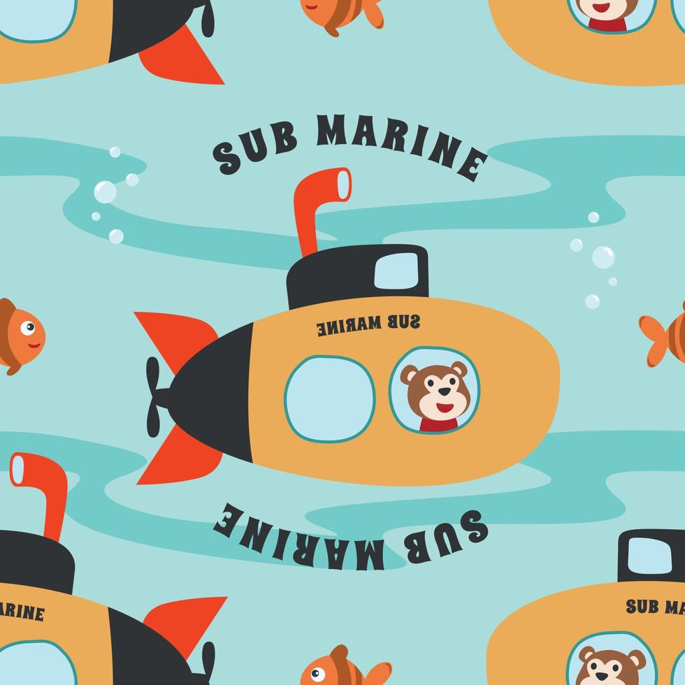 Seamless pattern submarine with cute sailor under sea. Cute Marine pattern for fabric, baby clothes, background, textile, wrapping paper and other decoration. vector