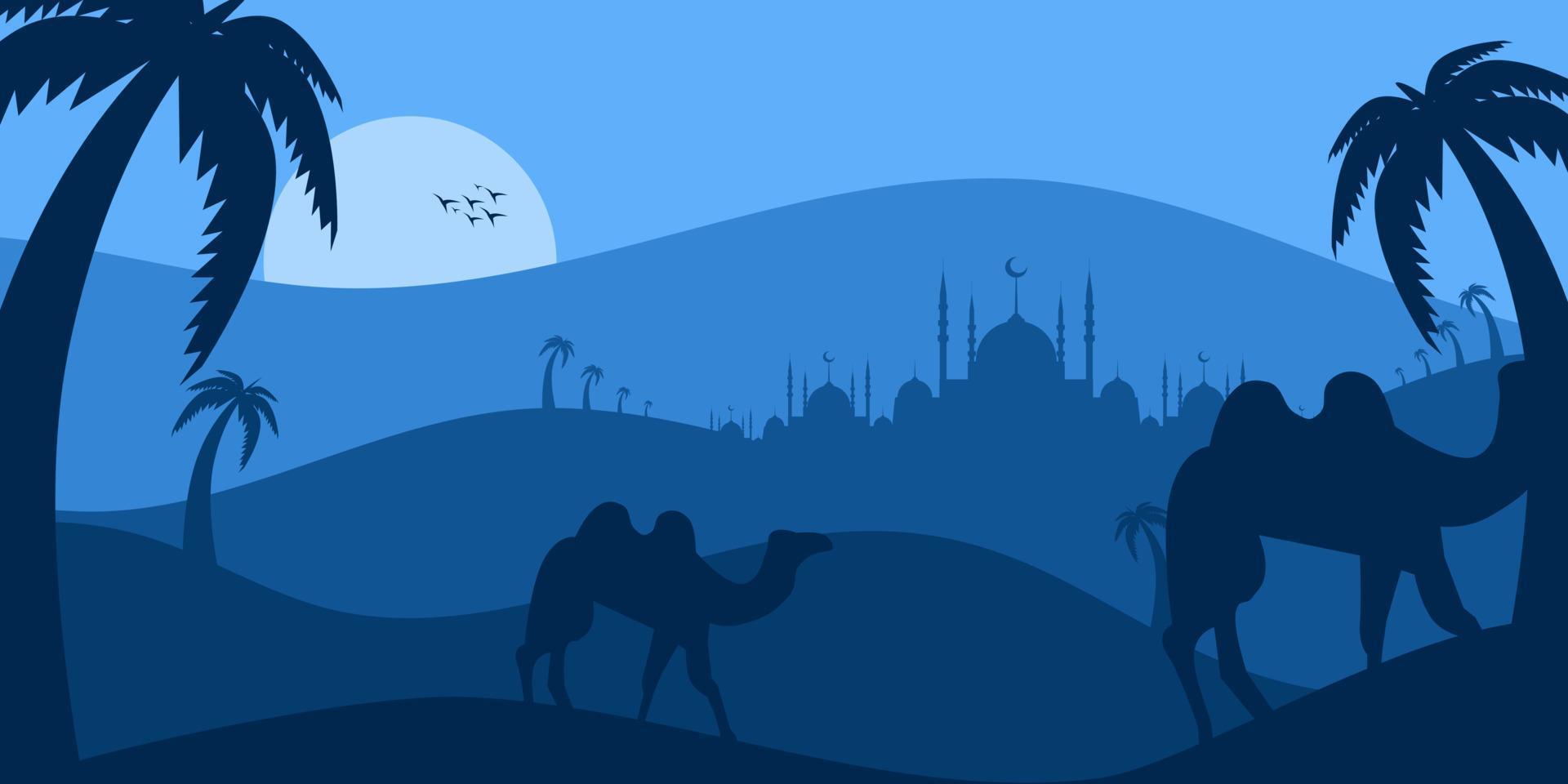 Eid mubarak illustration with mosque silhouette and starlight, moon and camel, eid greeting banner, Invitation Template, social media, etc. Eid mubarak themed flat vector illustration.