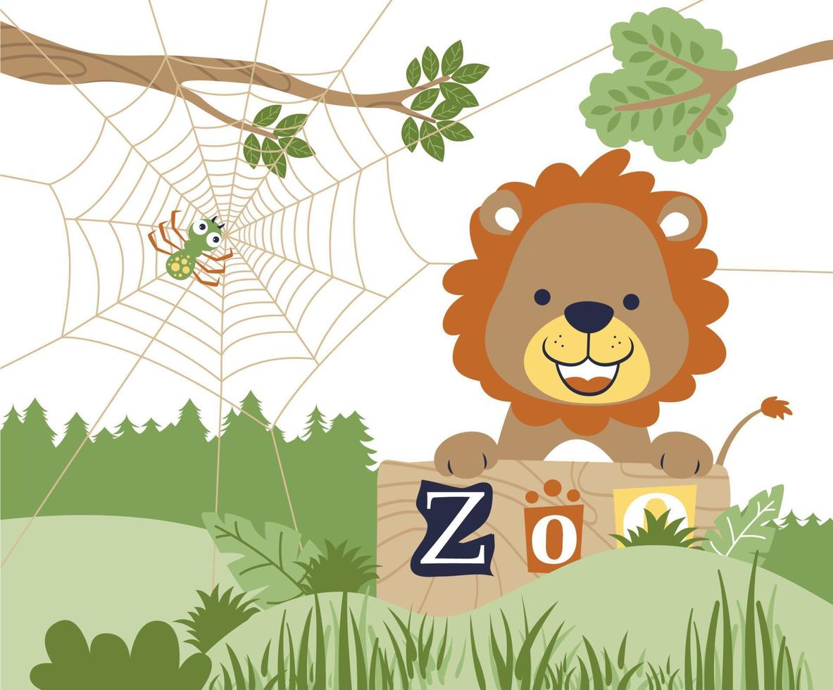 Cute lion with spider in the zoo, vector cartoon illustration