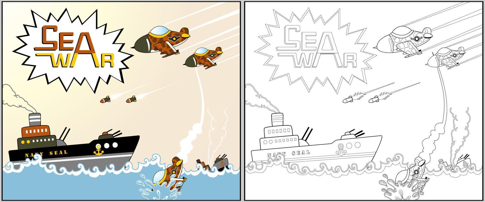 War in the sea, coloring page or book, vector cartoon illustration