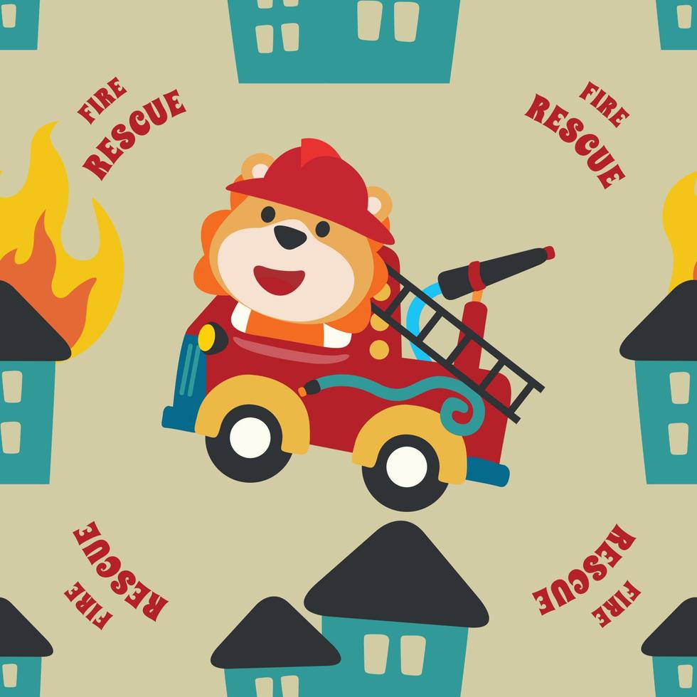 vector sin costura modelo con fuego rescate equipo con gracioso bombero dibujos animados. creativo vector infantil antecedentes para tela, textil, guardería fondo de pantalla, póster folleto vector ilustración antecedentes