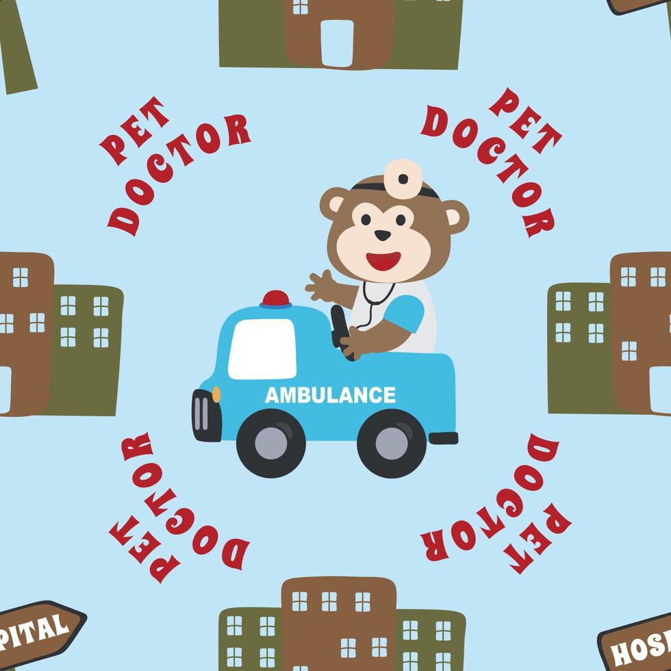 Vector seamless pattern with cute animals inside. monkey doctor driving emergency car. Creative vector childish background for fabric, textile, nursery wallpaper, poster brochure. Vector illustration.