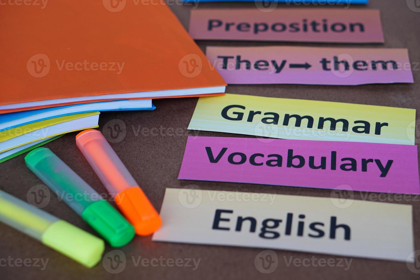 palabra tarjetas con texto para enseñando. Inglés gramática vocabulario. concepto, educación, aprendizaje y estudiando idioma. Inglés enseñando materiales antiguo enseñando estilo pero todavía trabajo.educativo elementos. foto