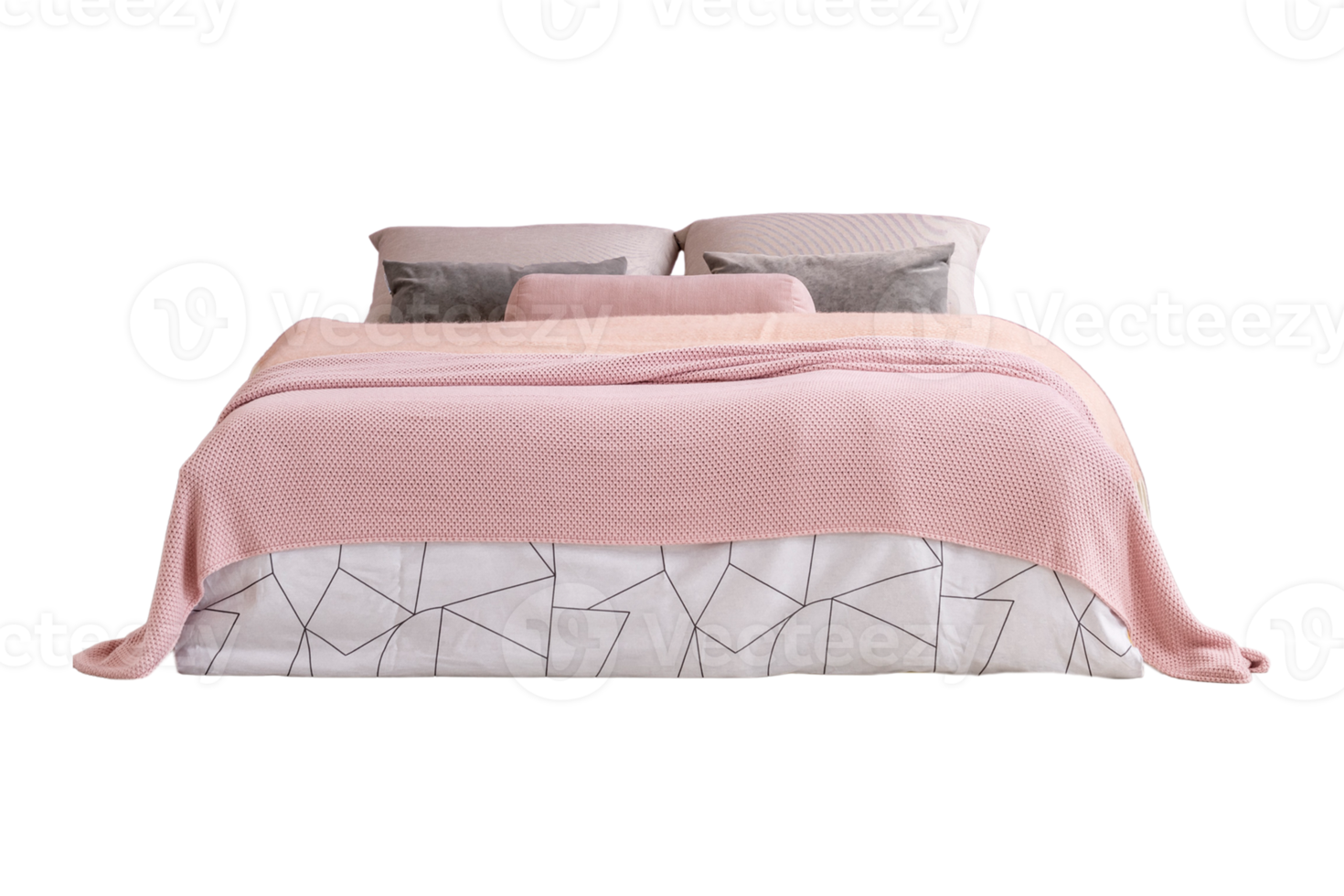 Bed with pink sheets and pillows isolated on a transparent background