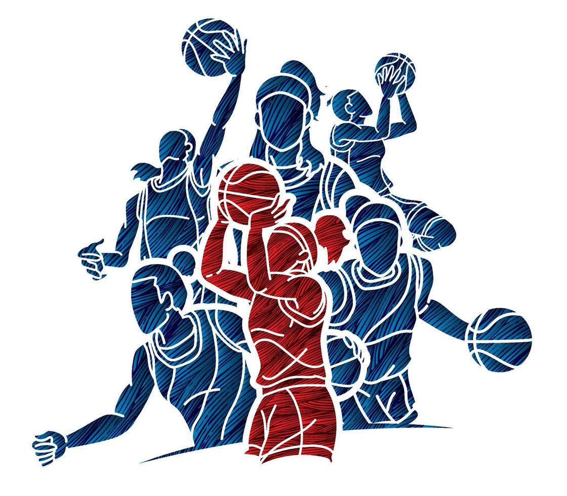 Group of Basketball Women Players Action Cartoon Sport Team Graphic Vector