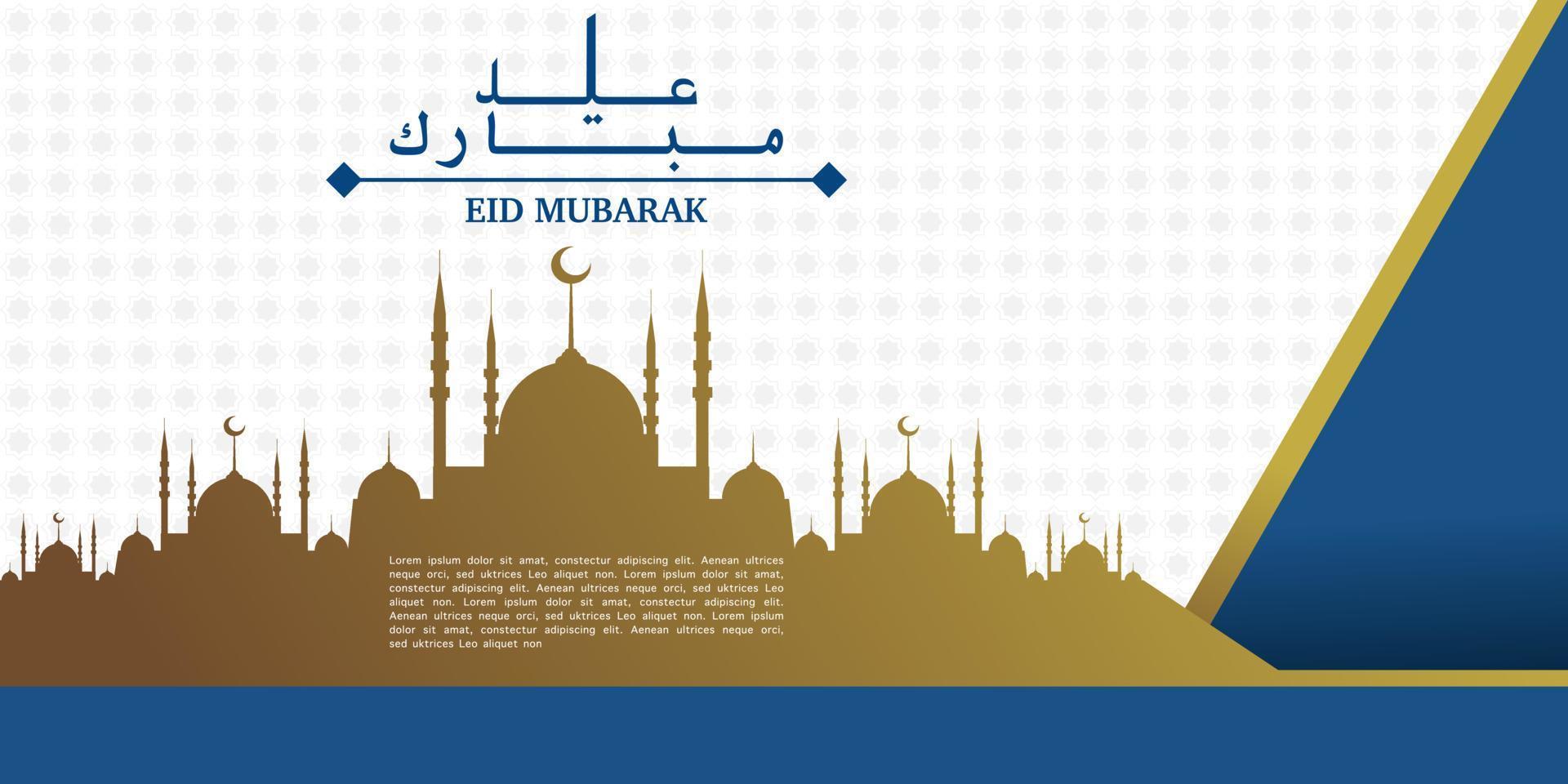 Eid mubarak illustration with golden colored mosque silhouette with ornament background, Eid greeting banner, Invitation Template, social media, etc. Eid Mubarak themed flat vector illustration.