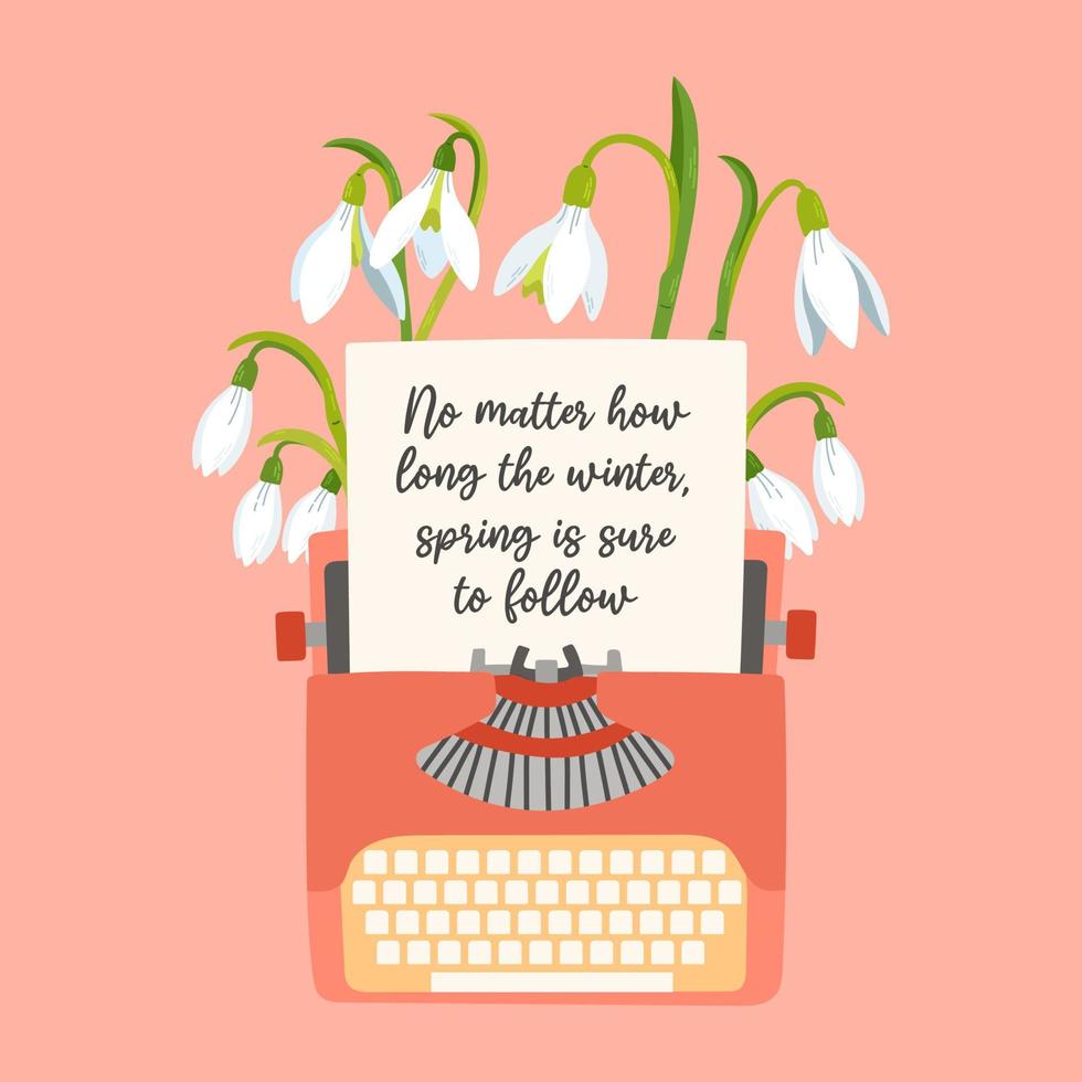 Spring greeting card. Blooming snowdrops and typewriter pink background. Vector illustration