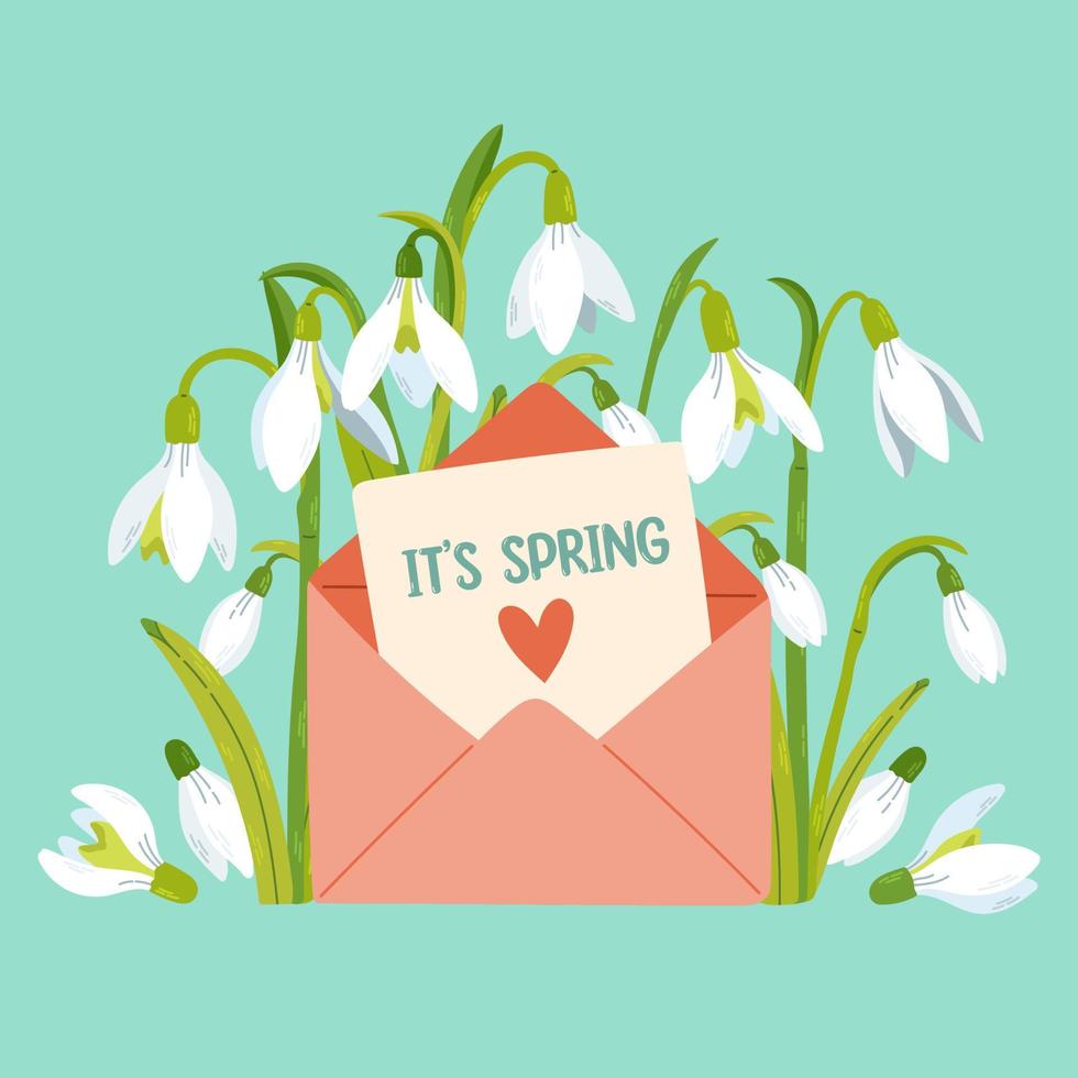 Its spring. Spring pink envelope with snowdrops. Spring flower vector illustration