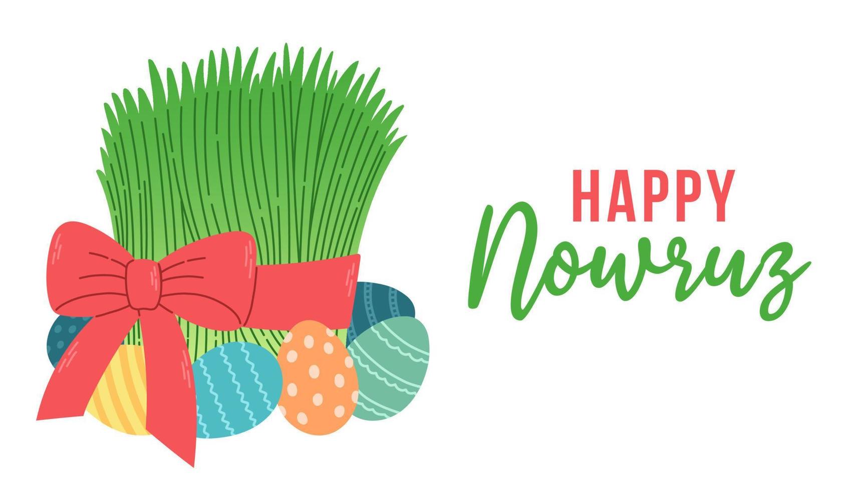 Happy Nowruz vector with green wheat grass Sabzeh Semeni Samani. Suitable for greeting card, poster and banner.