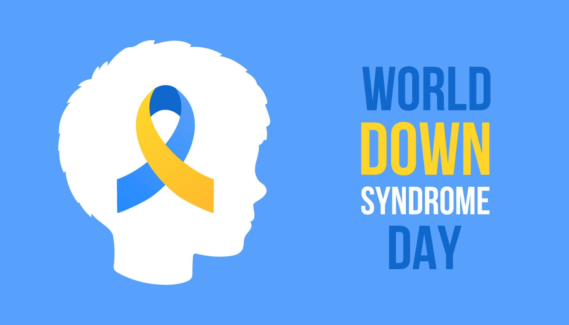 World Down syndrome Day horizontal poster. Blue, yellow ribbon, white