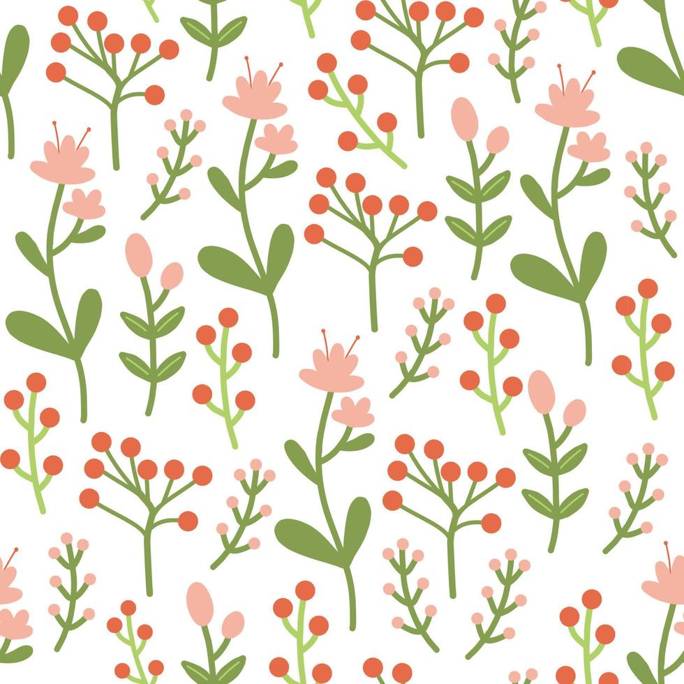 Seamless pattern with red flowers berries and green leaves vector illustration