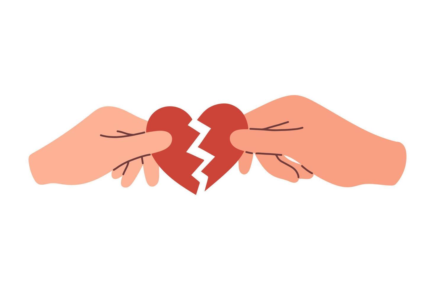 Reconciliation concept. Cupid couple reconciles, broken heart. Restore love. Red broken heart in hands men and women vector