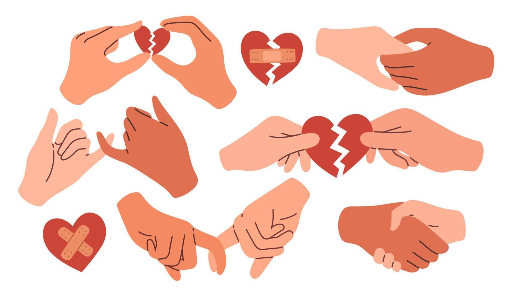 Reconciliation concept set. Cupid couple reconciles, broken heart. Restore love. Red broken heart in hands men and women vector