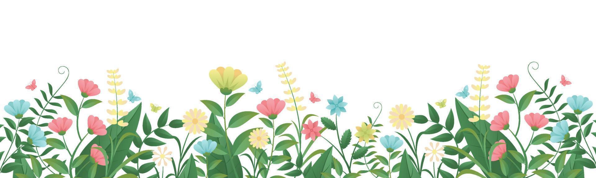Spring grass and flowers, Easter greeting card decoration element, Park decoration element with spring grass and meadow flowers for spring sale, banner, poster, cover, templates, social media, feed vector