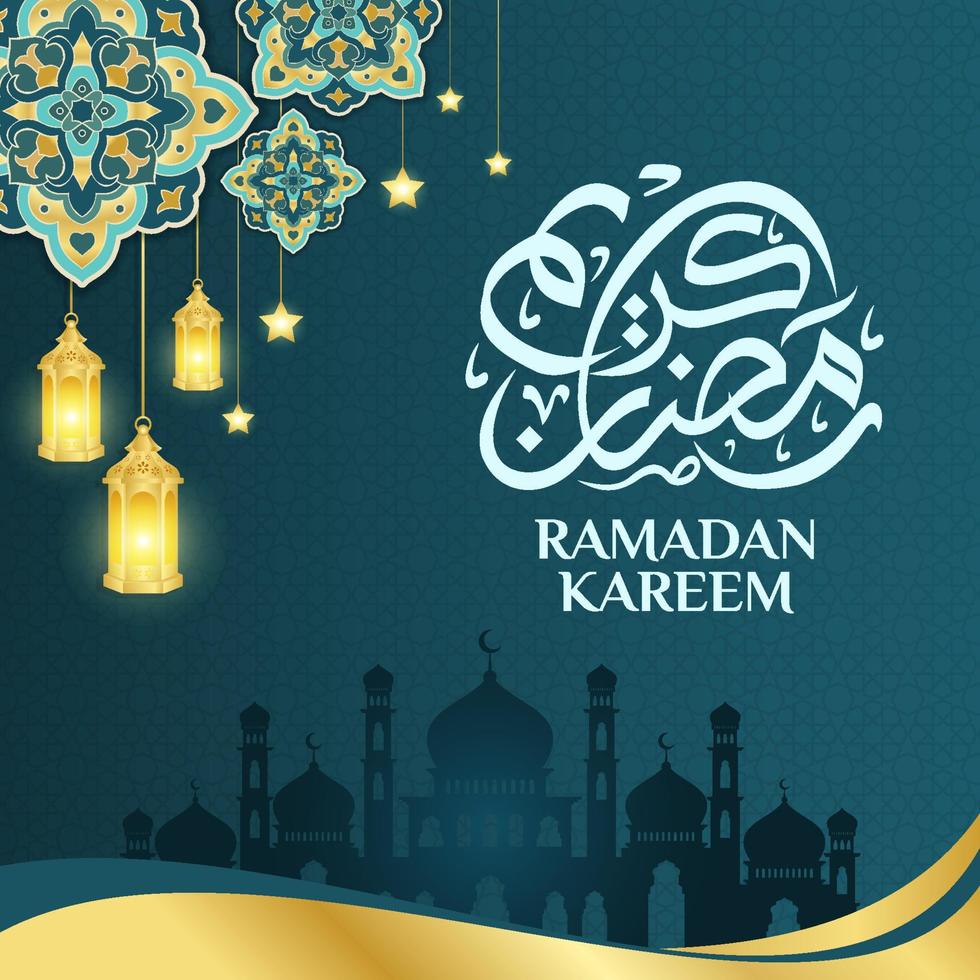 Islamic ornament template for background, banner, poster, cover design, envelope, social media feed. Ramadan Kareem and eid mubarak 2023 concept, blue background, muslim lantern, pattern vector