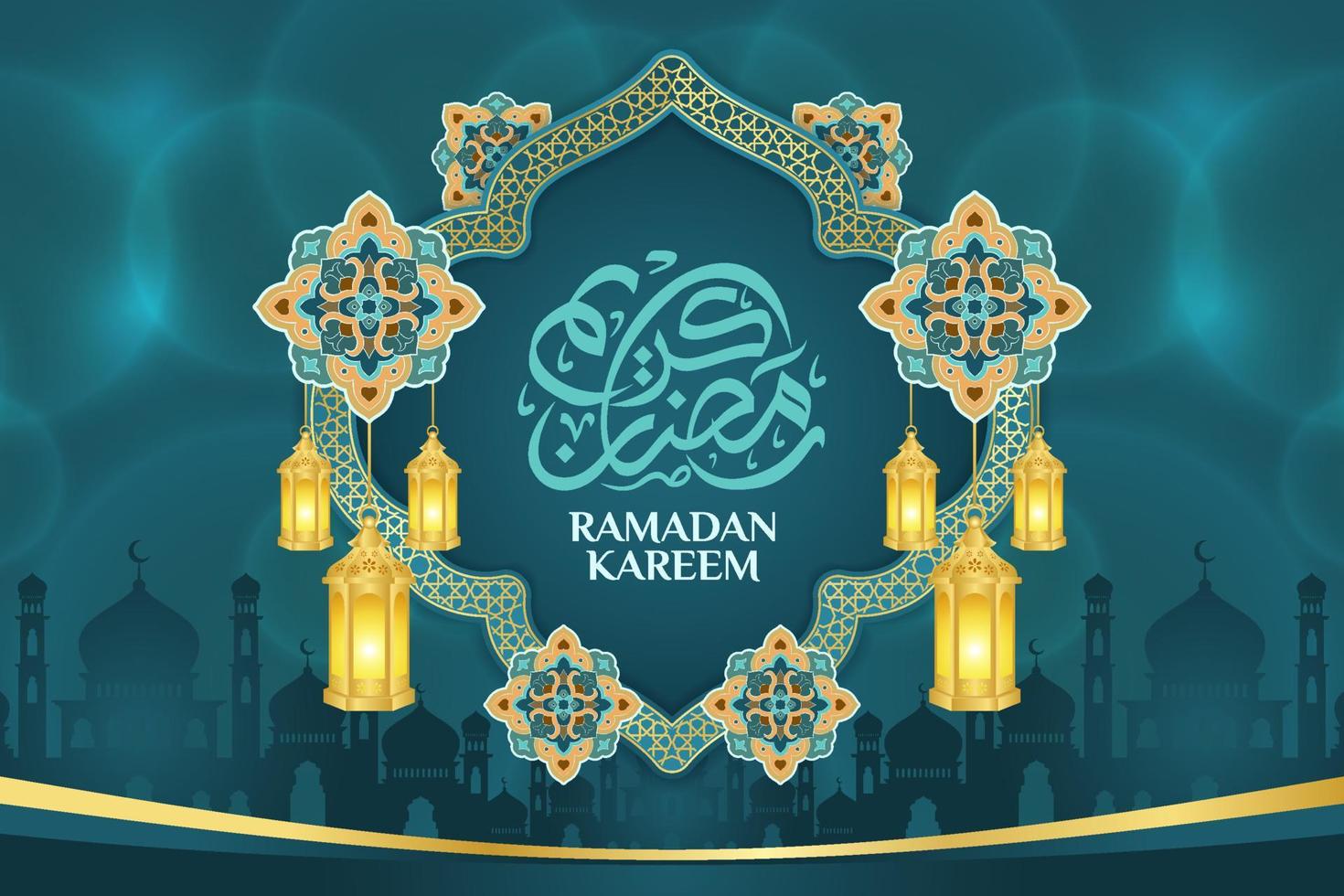 Islamic ornament template for background, banner, poster, cover design, envelope, social media feed. Ramadan Kareem and eid mubarak 2023 concept, blue background, muslim lantern, pattern vector