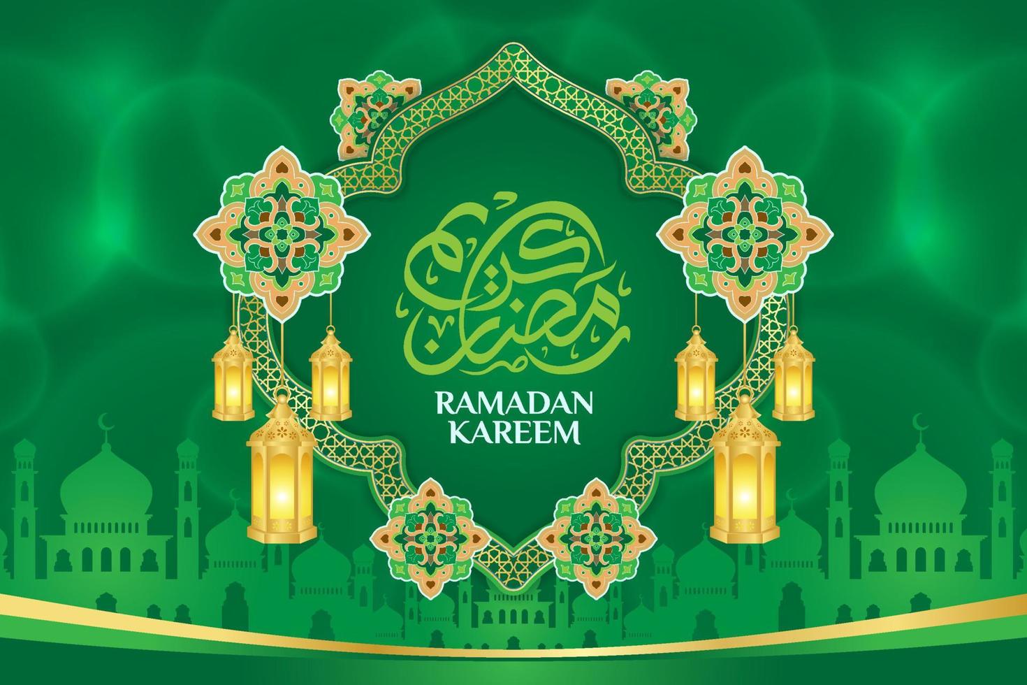 Islamic ornament template for background, banner, poster, cover design, envelope, social media feed. Ramadan Kareem and eid mubarak 2023 concept, green background, muslim lantern, pattern vector