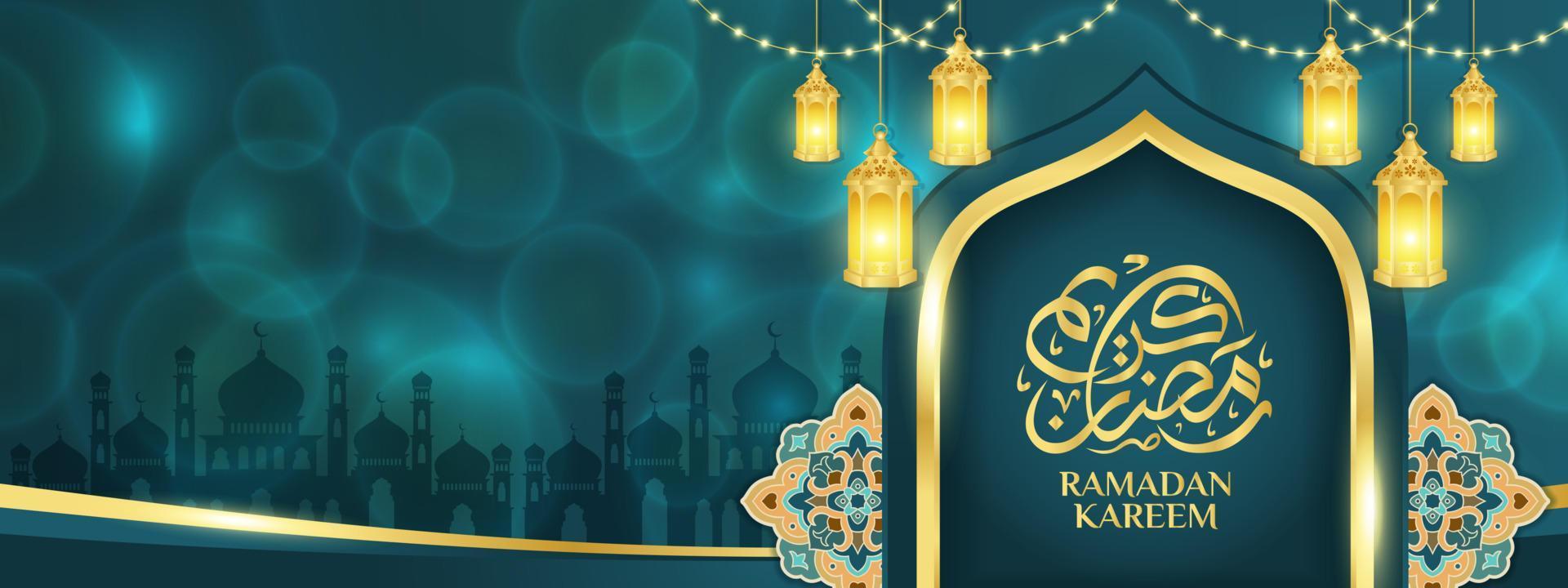 Islamic ornament template for background, banner, poster, cover design, envelope, social media feed. Ramadan Kareem and eid mubarak 2023 concept, blue background, muslim lantern, pattern vector