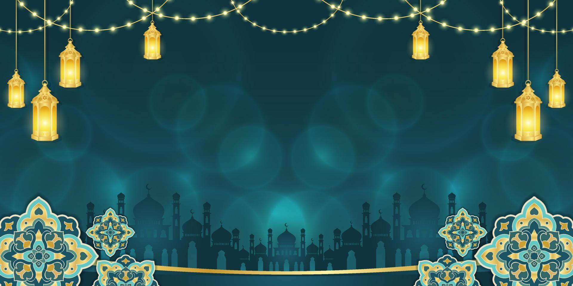 Islamic ornament template for background, banner, poster, cover design, envelope, social media feed. Ramadan Kareem and eid mubarak 2023 concept, blue background, muslim lantern, pattern vector