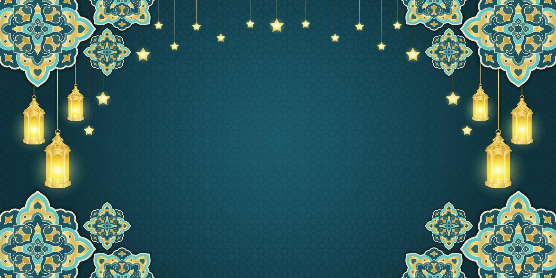 Islamic ornament template for background, banner, poster, cover design, envelope, social media feed. Ramadan Kareem and eid mubarak 2023 concept, blue background, muslim lantern, pattern vector